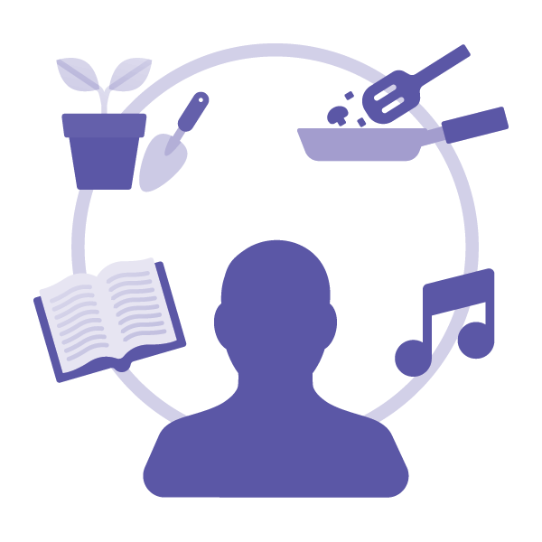 Silhouette of person surrounded by icons representing hobbies